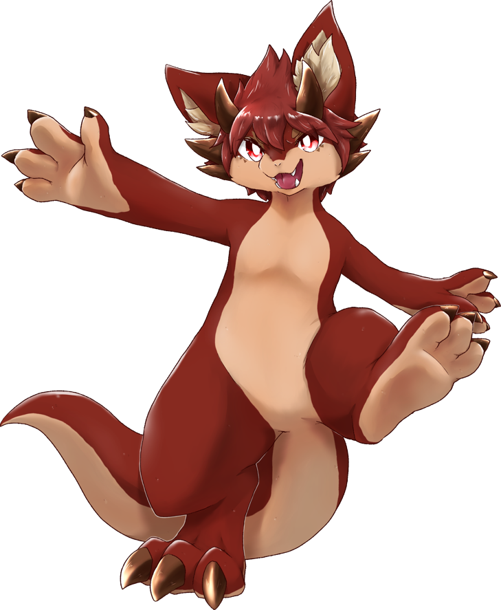 An anthro red dragon balancing on one foot and smiling to the viewer