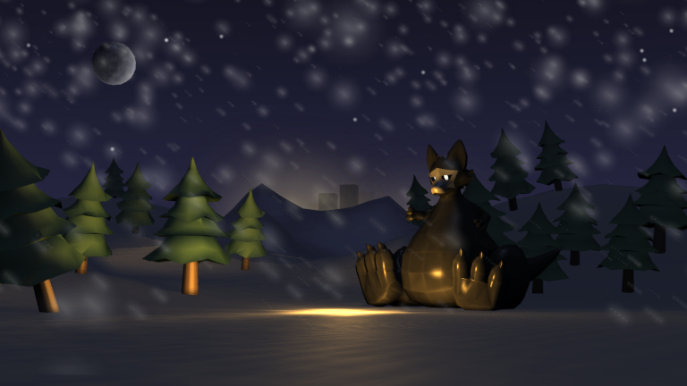 A snowy nighttime scene with Puno sitting next to a warm light source where a campfire would be modeled