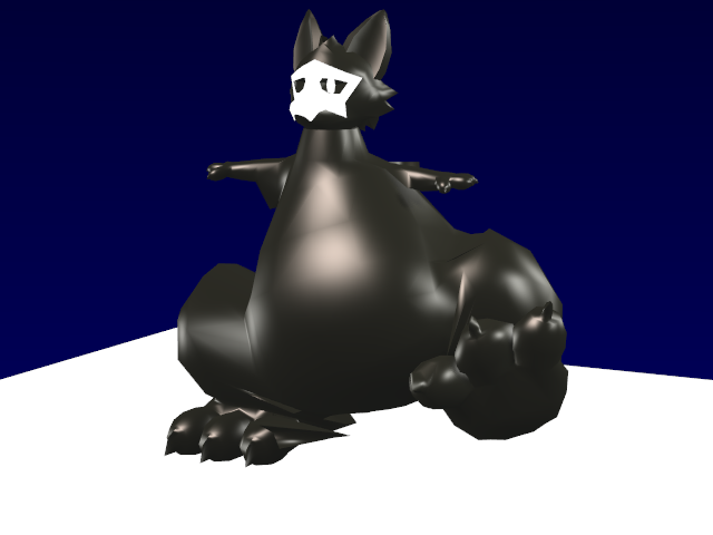 a test render of the model with one leg posed. the other leg is not weighted and there's some stretched vertices that were close enough to the belly "bone"