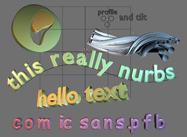 com ic examples of curve and text objects, showing 2D and 3D curves, profile bevel, tilt, text on curve and custom fonts