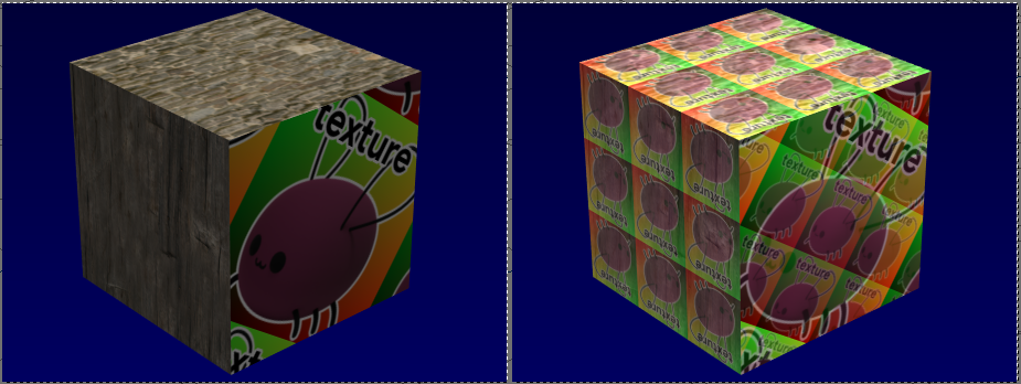 Detail maps be like A material using the face textures directly, and then another version where the texture from a texture datablock has been mixed in with the face textures