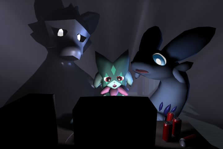 100% modeled textured and rendered in blender 1.80 on the late 90s pc Puno, meowscarada and chillet staring in awe at a computer monitor