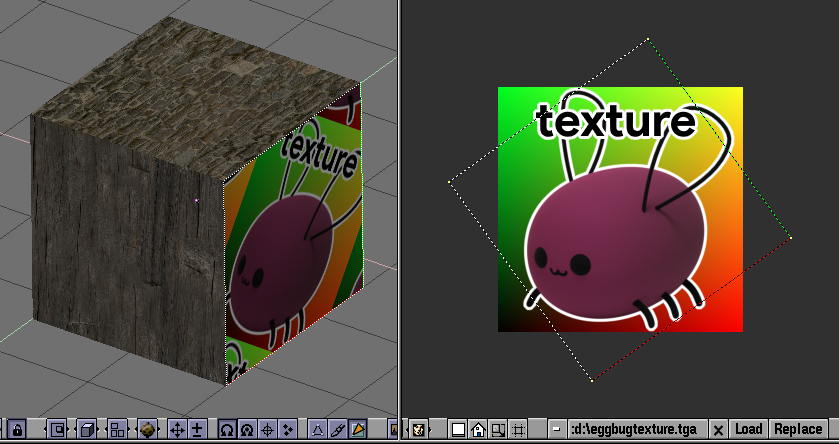 The cool feature in this mode is the dashed red and green lines to indicate the orientation of the selected face in the UV editor. Image editor having assigned three different images to three diferent faces on a cube