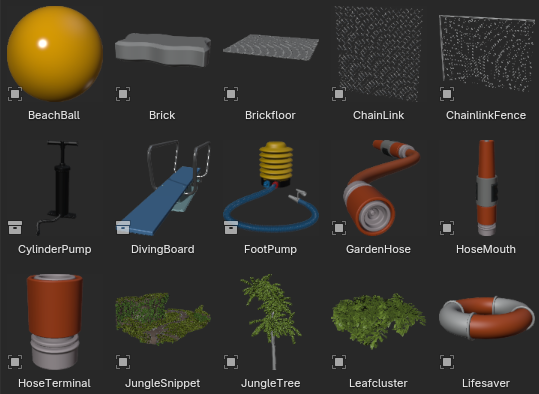 Some of the assets in my 'Parks&Rec' catalog Assets in an asset library with colored materials