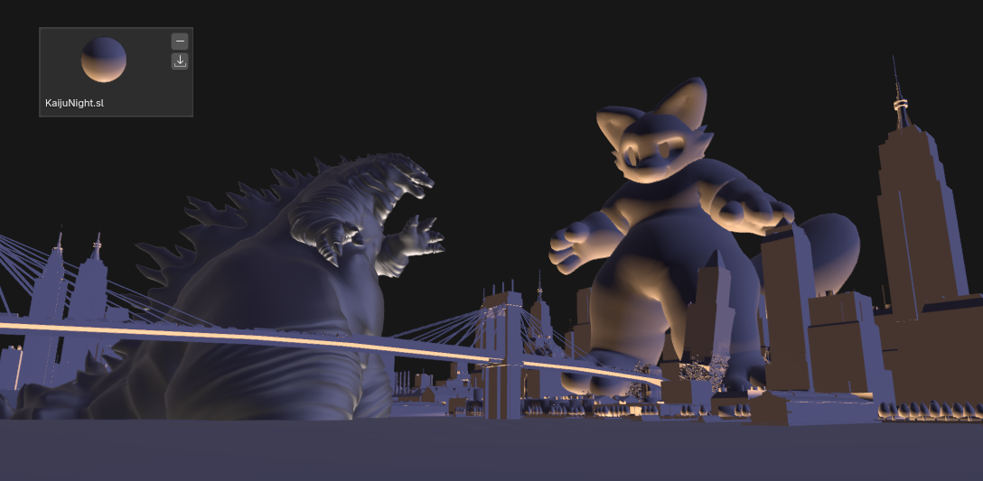 Then they hugged Night time kaiju studio light