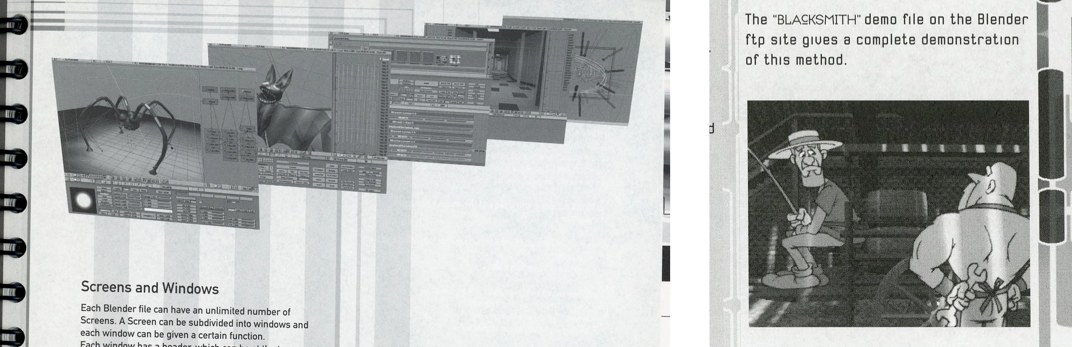 Picture from the Blender 1.5 Manual showing screenshots of various models and the blacksmith demo file