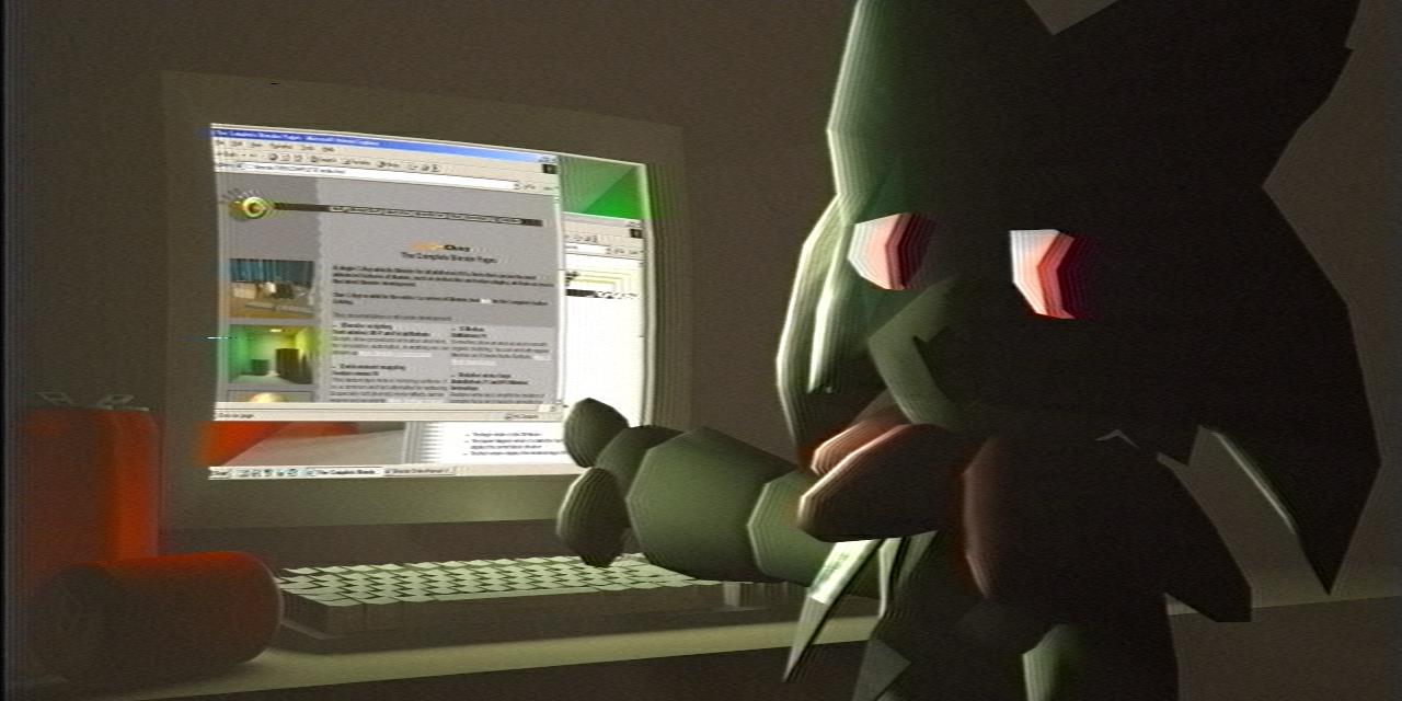 Meowscarada pointing at a CRT monitor with the 1999 blender website open on it