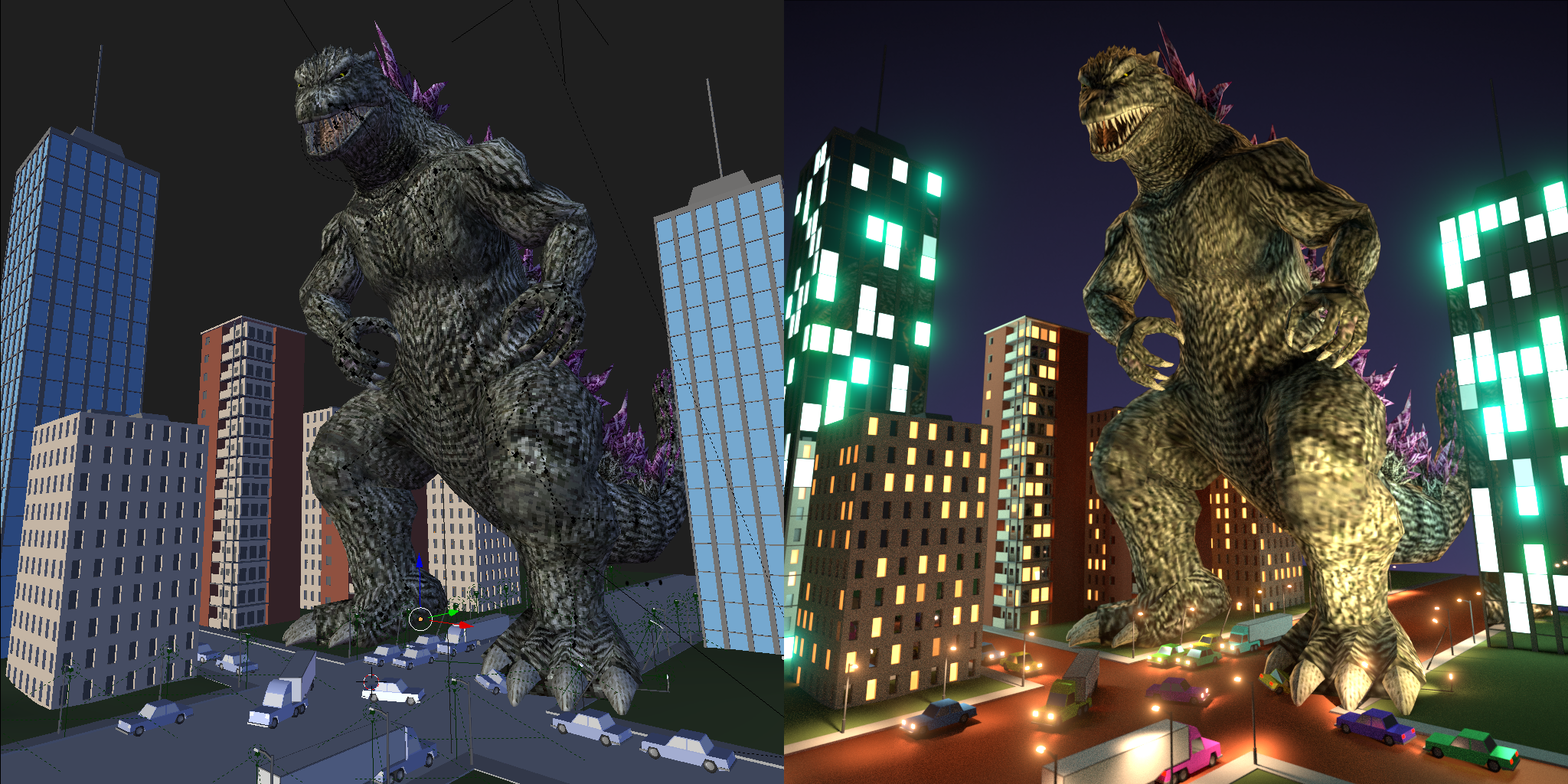 Godzilla 2000 standing on a city that's made on a copper circle