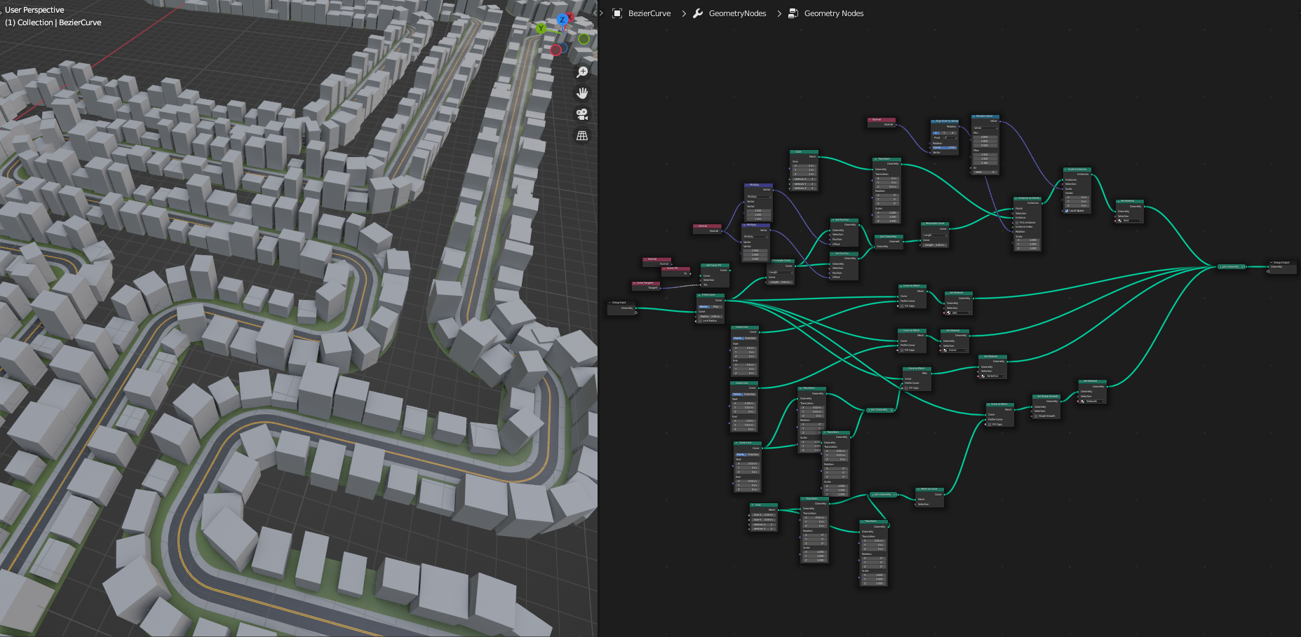 A winding road with "buildings" on each side, and a view of the nodegraph to the right.