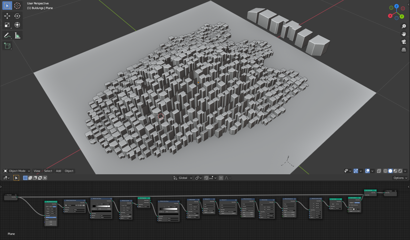 A "city" that's just a cluster of simple models in the shape of a footprint. The nodegraph is visible below.