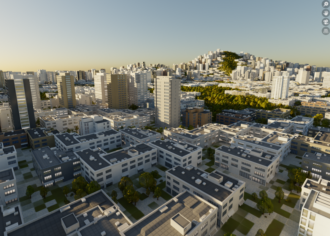 a city consisting of instanced buildings and trees randomly on a terrain surface