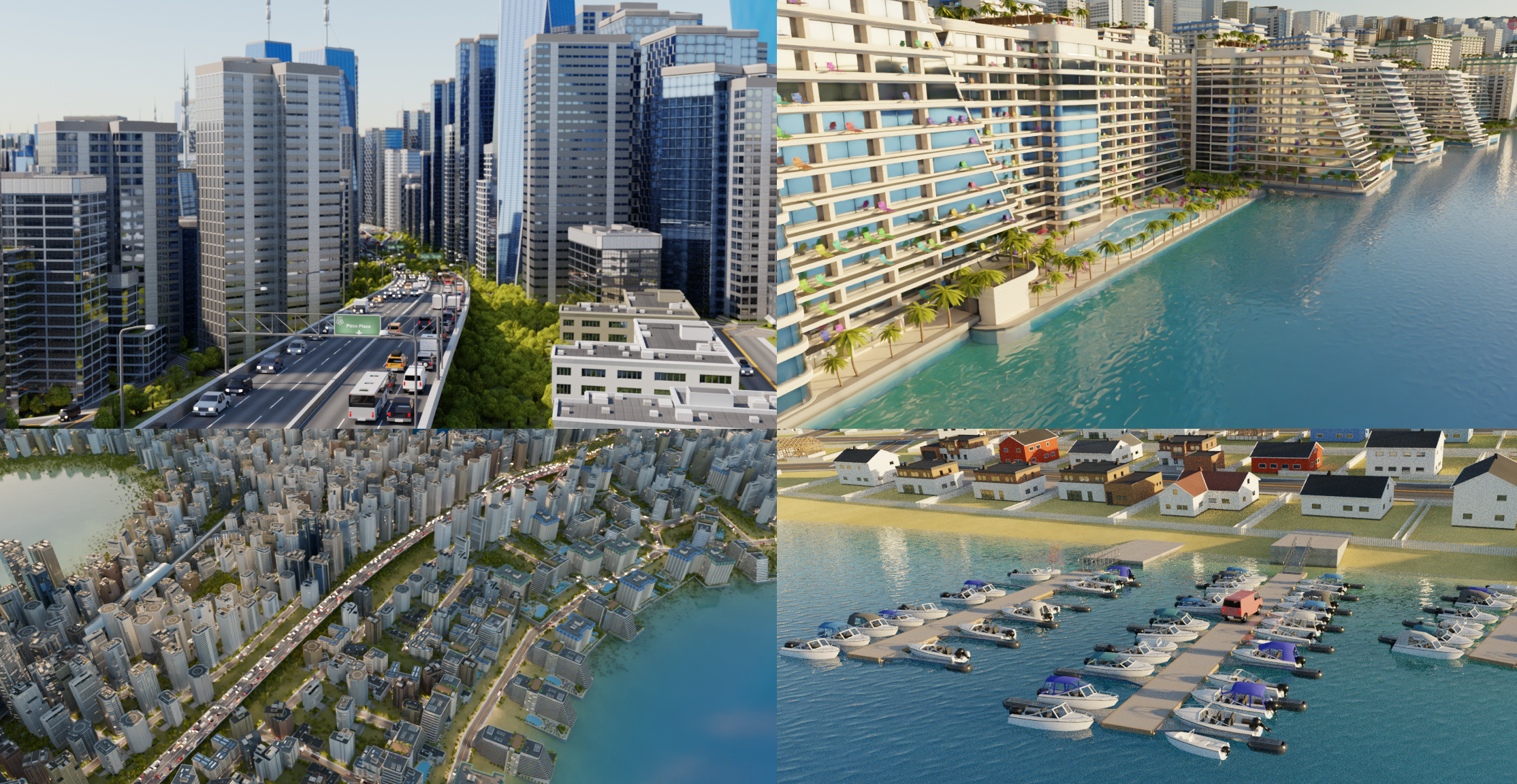 four pictures from a city showing skyscrapers, highways with cars, resort hotels with sun chairs and palm trees, suburbs, marinas with boats