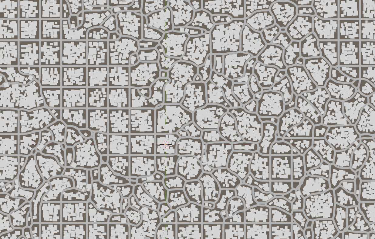 a grid road layout interspersed with more organic roads