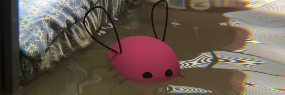 eggbug floating in water next to a bed