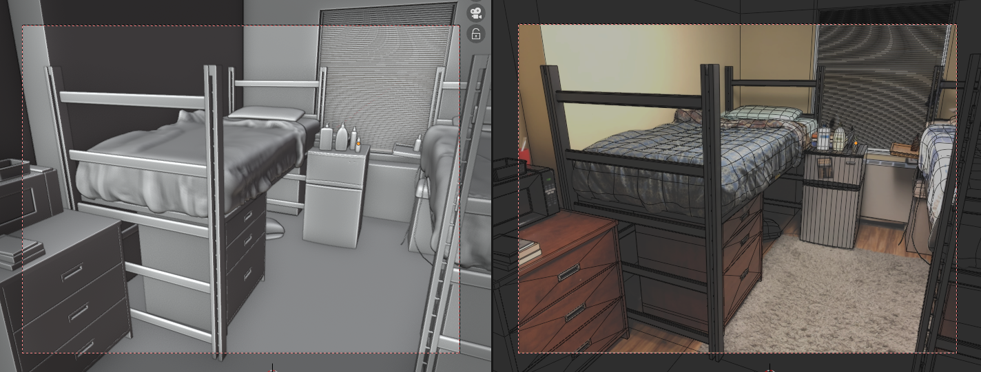 the objects in the dorm room modeled in 3D in Blender