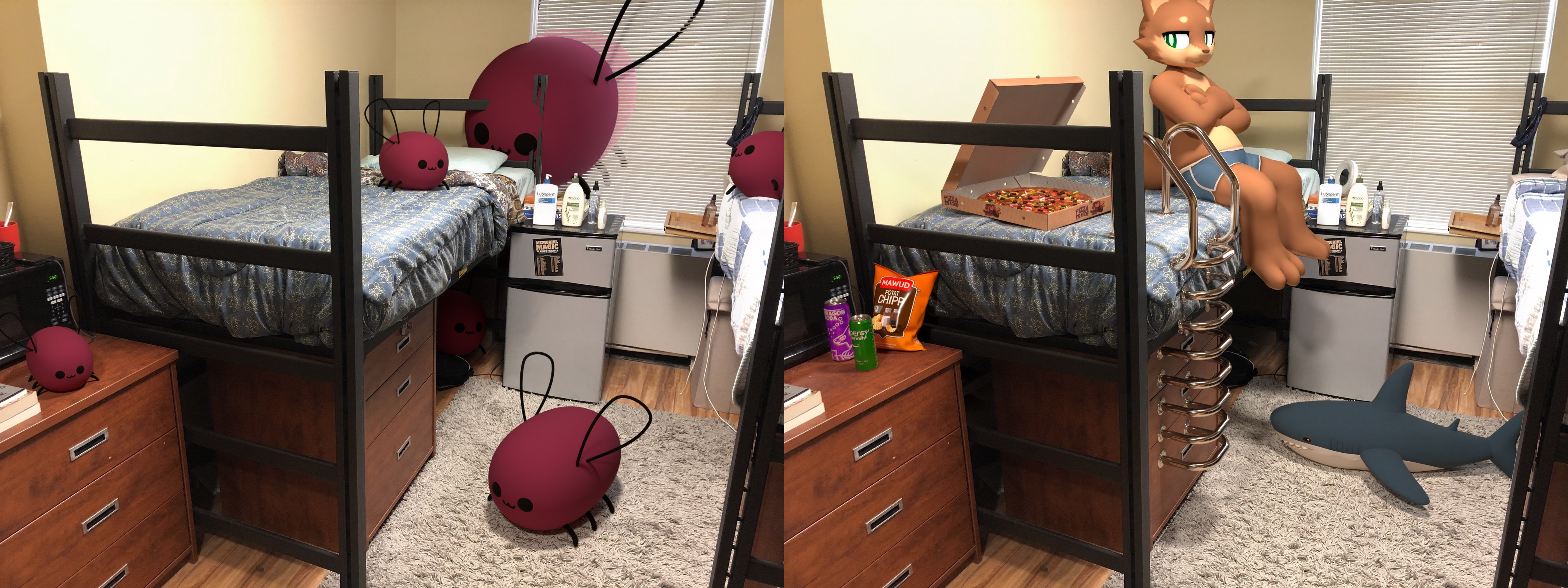 other elements rendered into the dorm room photo including eggbugs, blåhaj, a generic furry, a pool ladder and some snacks