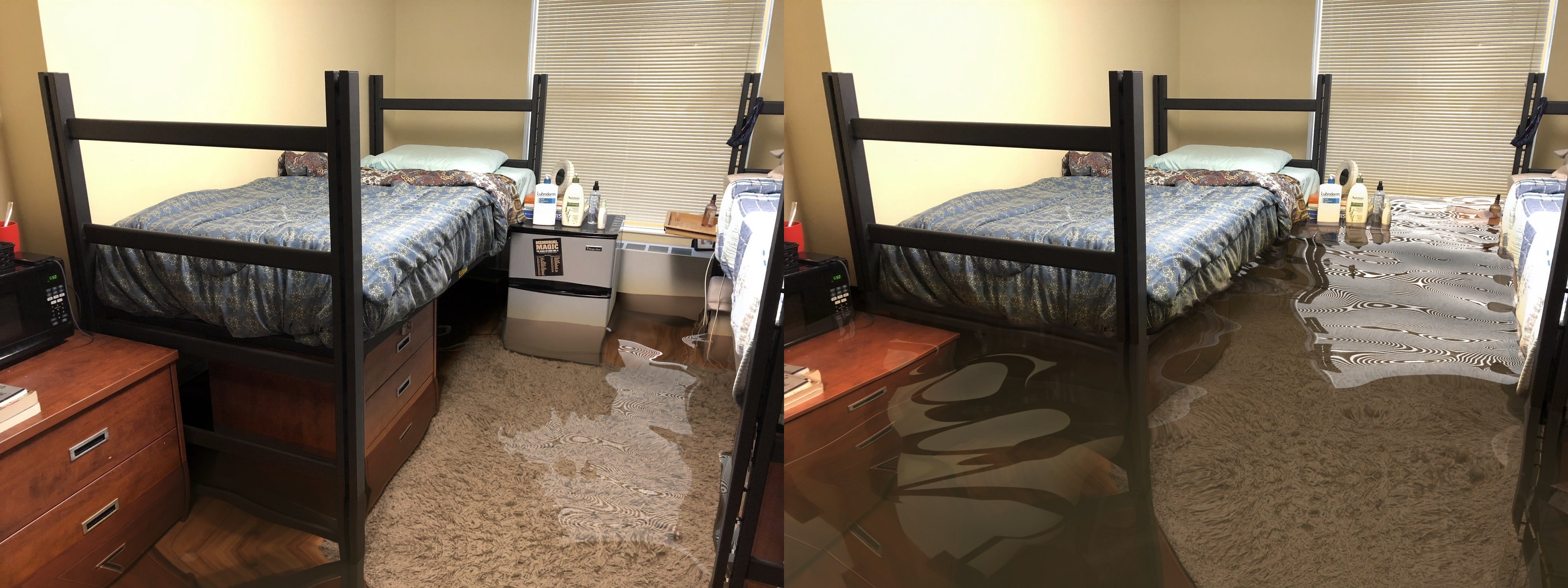 water rendered into the dorm room photo, making it look flooded