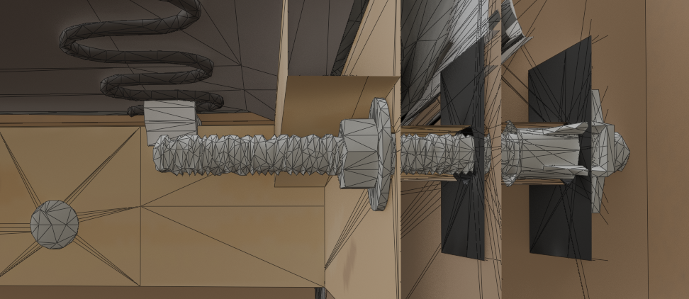 closeup of a screw underneat the couch, showing that it's fully modeled even through the hole it's in