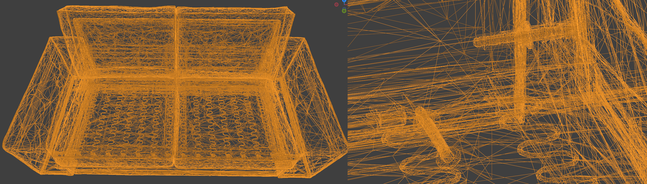 wireframe of the couch model, showing springs and screws