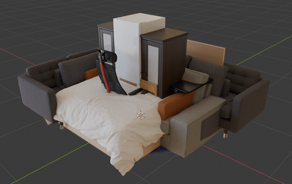 IKEA furniture .glb models imported into blender, all in one cluster