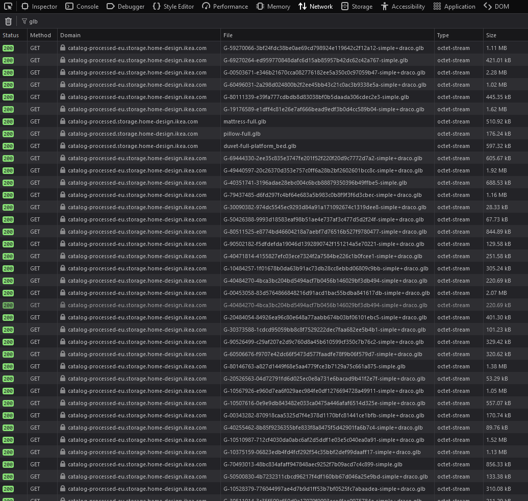 the network requests filtered by .glb showing all the model files that got fetched