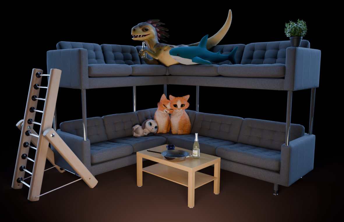 the google meet critters and blåhaj has a cozy movie night in a double decker couch