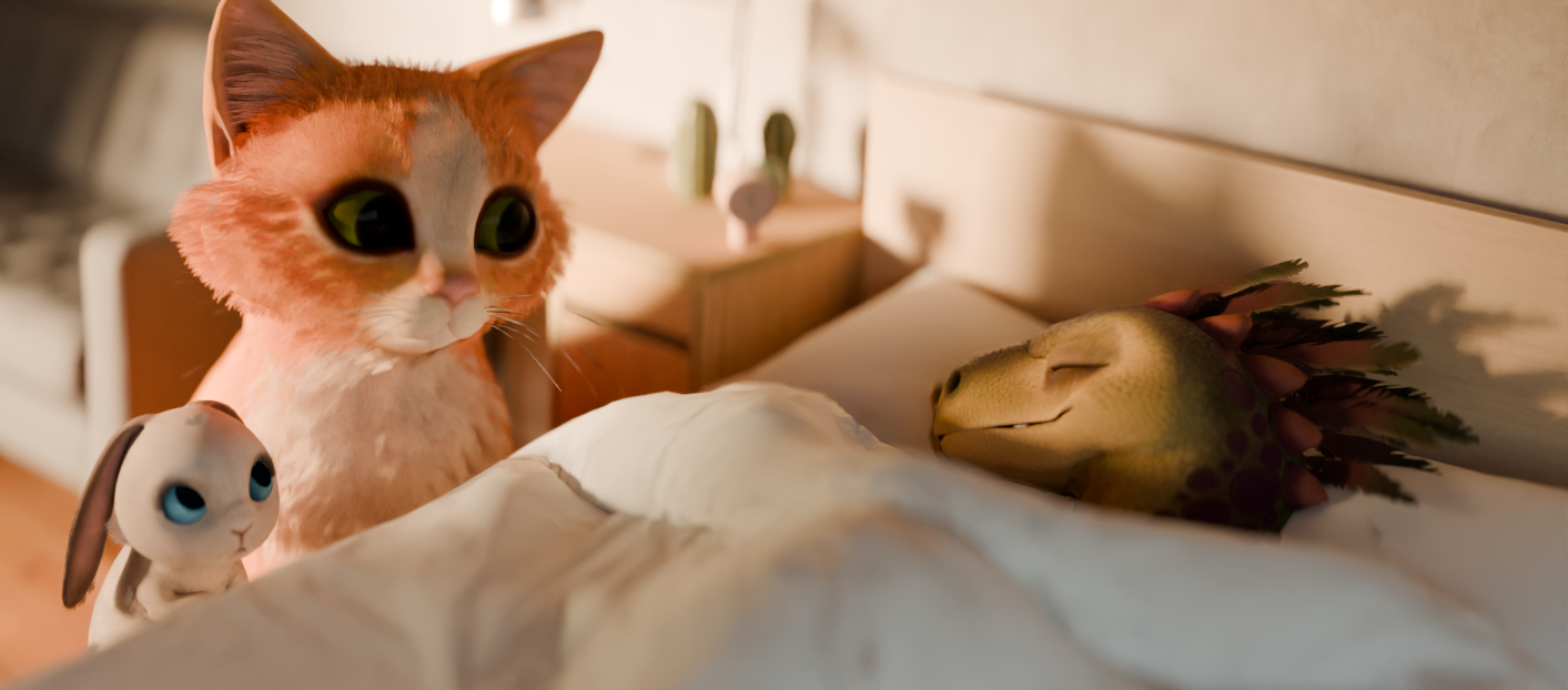 the google meet Fuzzy Cat and Bunny look upon the Feathered Dinosaur sleeping peacefully in their IKEA bed