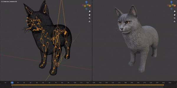 the Maine Coon .glb imported into blender and playing back the animation of the cat meowing and walking around