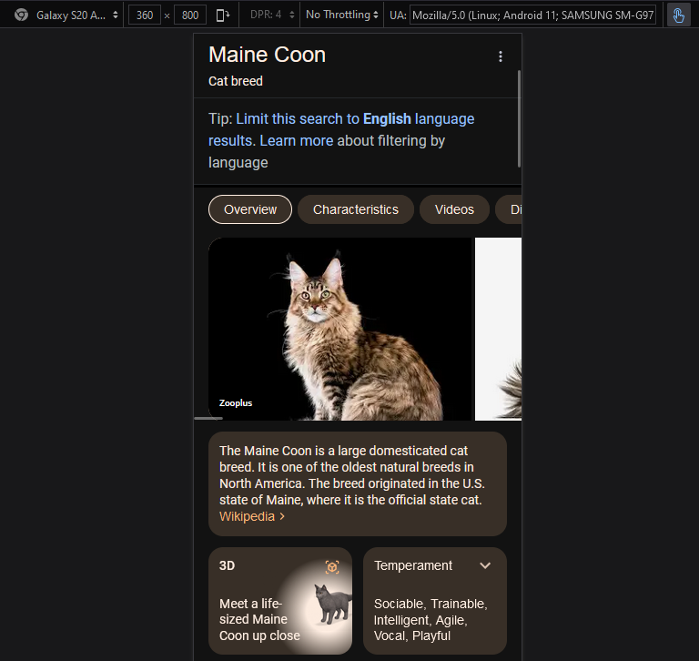 a google search page for Maine Coon viewed in a desktop browser with Responsive Design Mode enabled, giving the mobile result with the "View in 3D" button