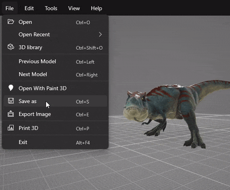 the Rampaging T-Rex model in 3D viewer, with the file menu open and the mouse hovering "Save as"