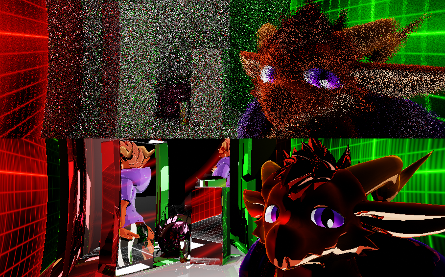 a red dragon and eggbug in a cornell box, with and without ray scrambling. The with is a noisy image, and the without image does not have noise but all surfaces appear reflective and with projected images from other parts of the scene