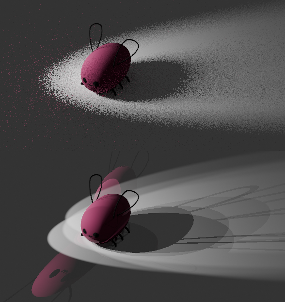 a render of eggbug illuminated by a spotlight casting a soft shadow and diffuse reflections on the floor, appearing as sharp shadows and reflections in the unscrambled case