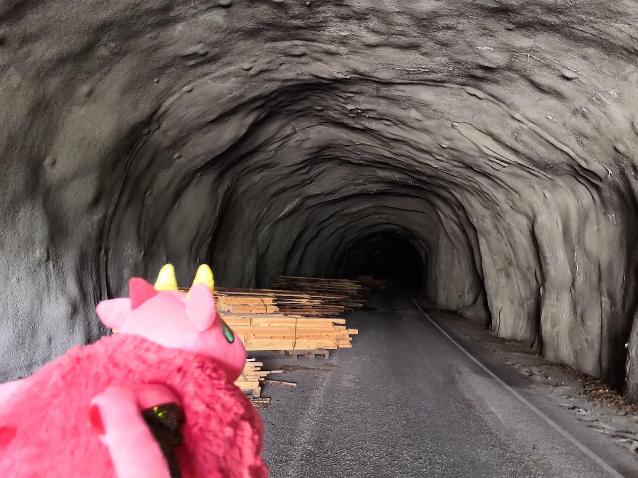 Inside the second tunnel, showing stacks of planks stored within