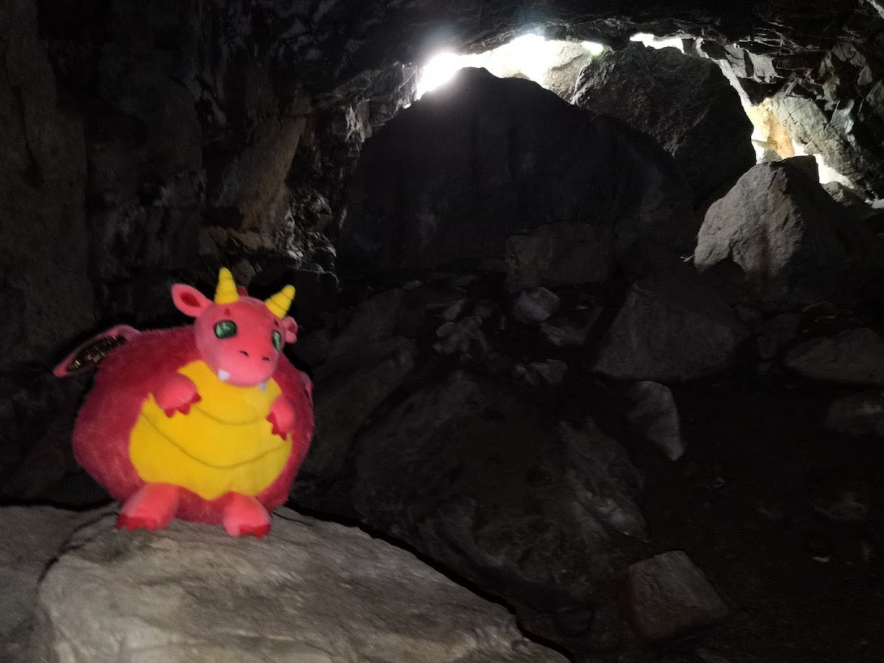 Dragon plushie next to a caved in tunnel entrance